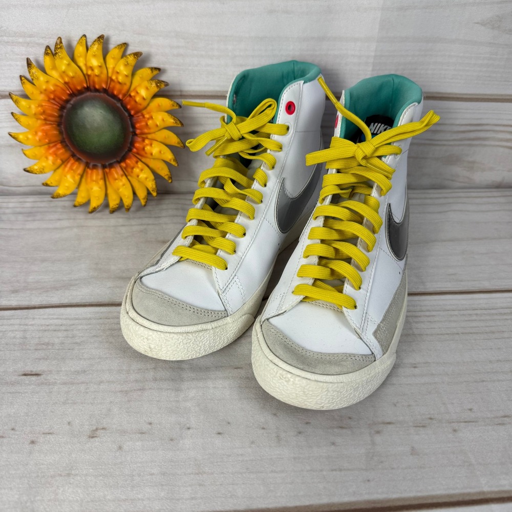 Nike Blazer Mid 7Y Kids White Silver Floral High Top Sneakers Shoes